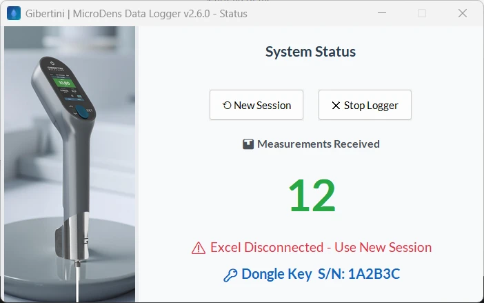 System Status window with the Excel Disconnected - Use New Session warning