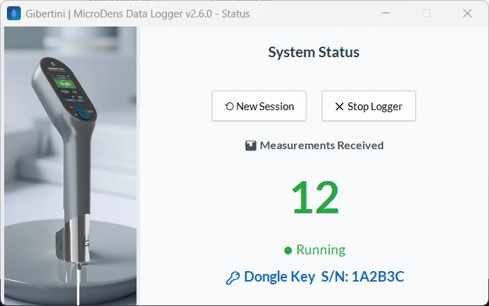 MicroDens Data Logger System Status window while logging: 12 measurements received, Running