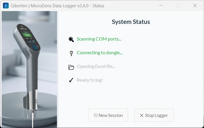 System Status window during startup: Scanning COM ports and Connecting to dongle in green