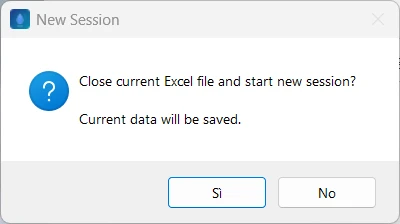 New Session message: Close current Excel file and start new session? Current data will be saved.