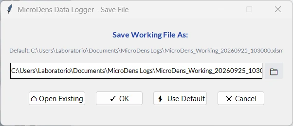 Save Working File As window: working file path and the Open Existing, OK, Use Default, Cancel buttons