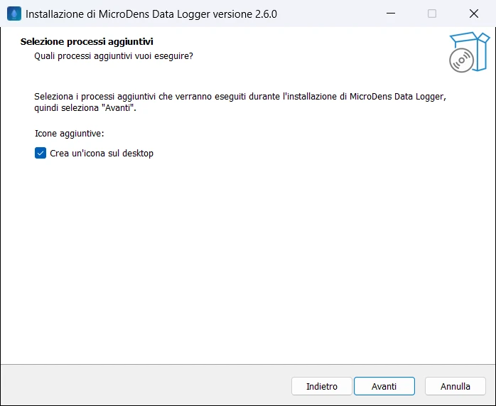 The installation wizard (in Italian) on the additional tasks page, with the «Crea un'icona sul desktop» (create a desktop icon) box
