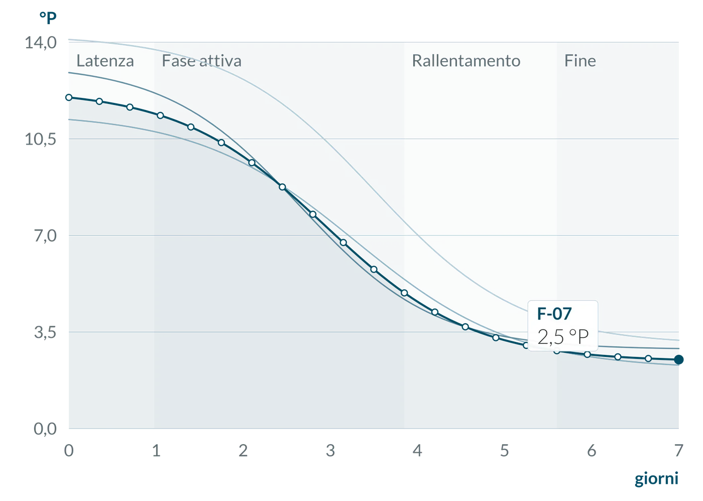 Infografica: estratto apparente in °P di quattro fermentatori nei giorni, con le fasi latenza, fermentazione attiva, rallentamento e fine