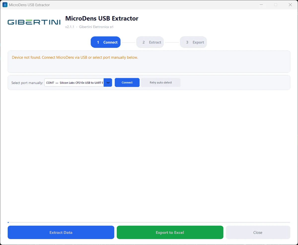 Instrument not found: port selector with Connect and Retry auto-detect