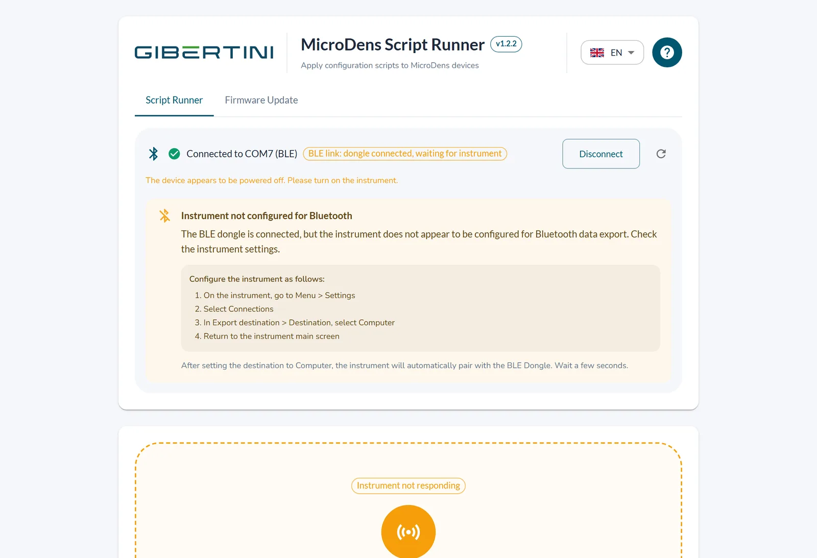 Instrument not configured for Bluetooth warning with instructions