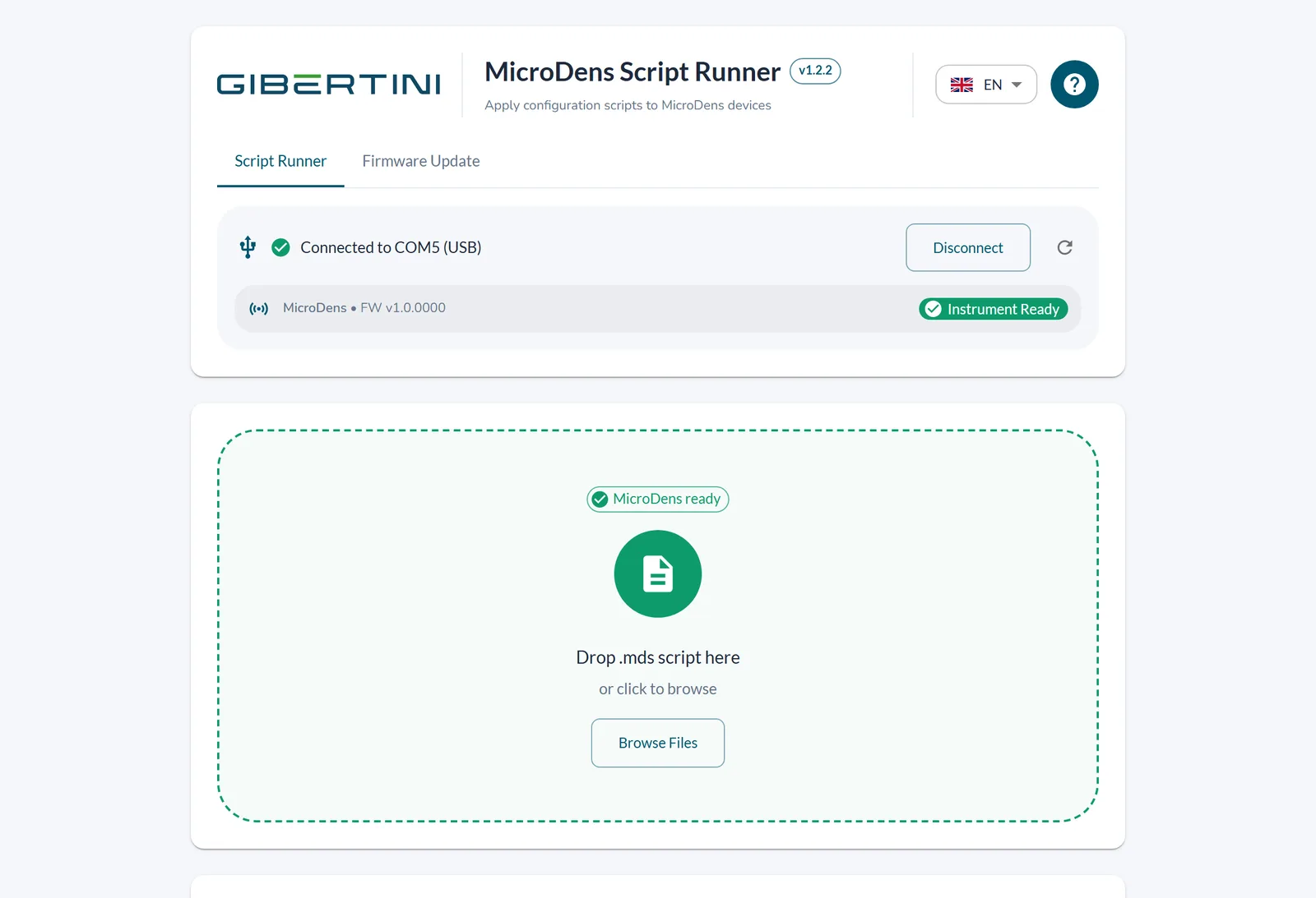 MicroDens connected to COM5 via USB, Instrument Ready
