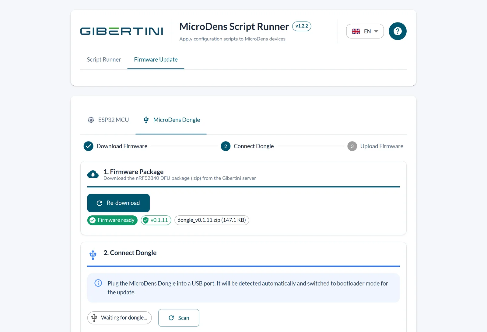 MicroDens Dongle tab: firmware package downloaded from the Gibertini server
