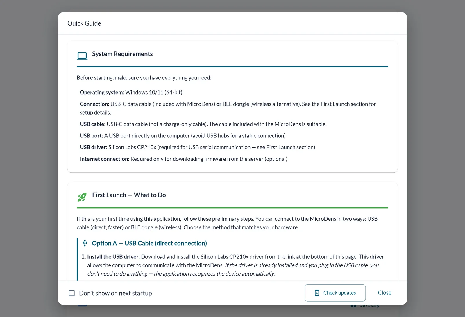 Quick Guide window at startup