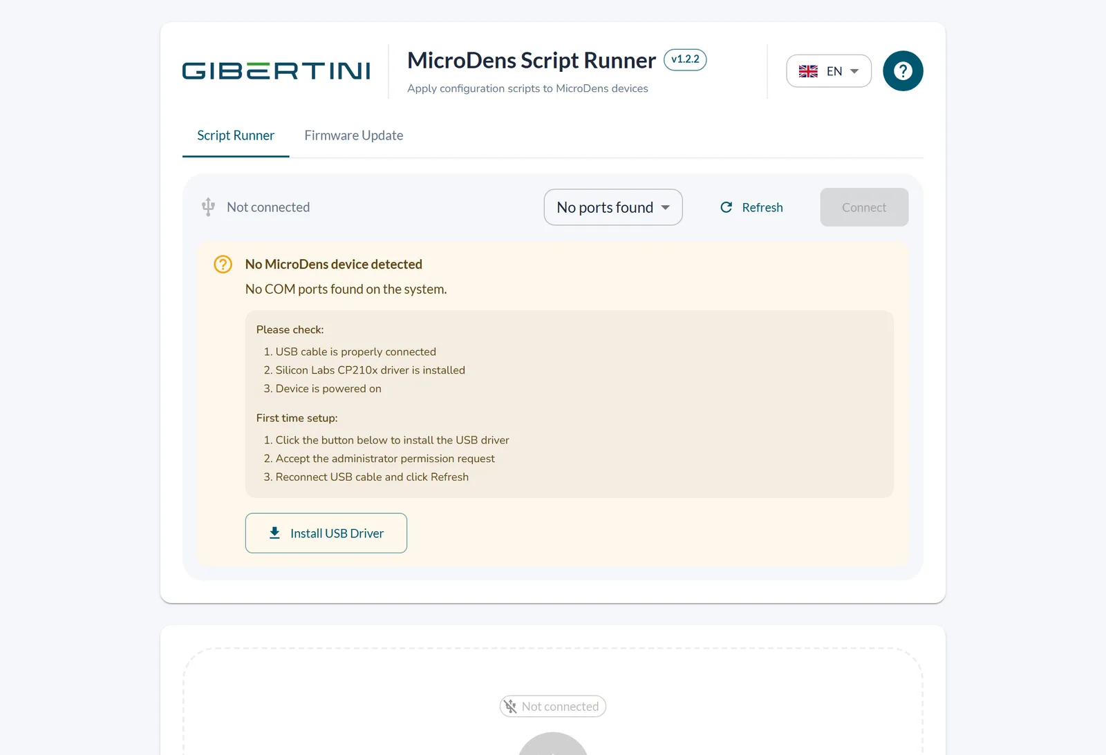 No MicroDens device detected, with Install USB Driver