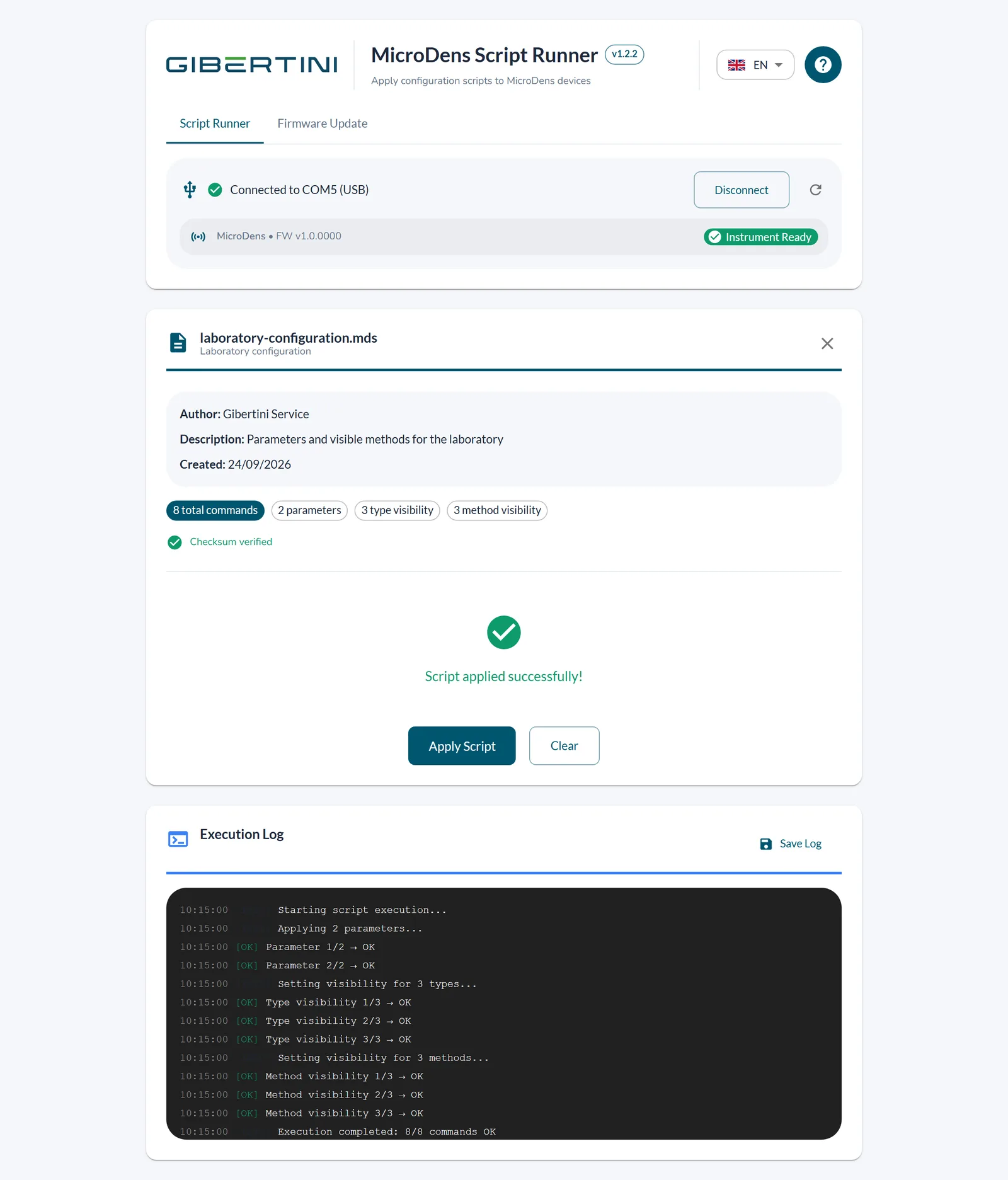 Script Runner: script applied successfully, with the log of executed commands