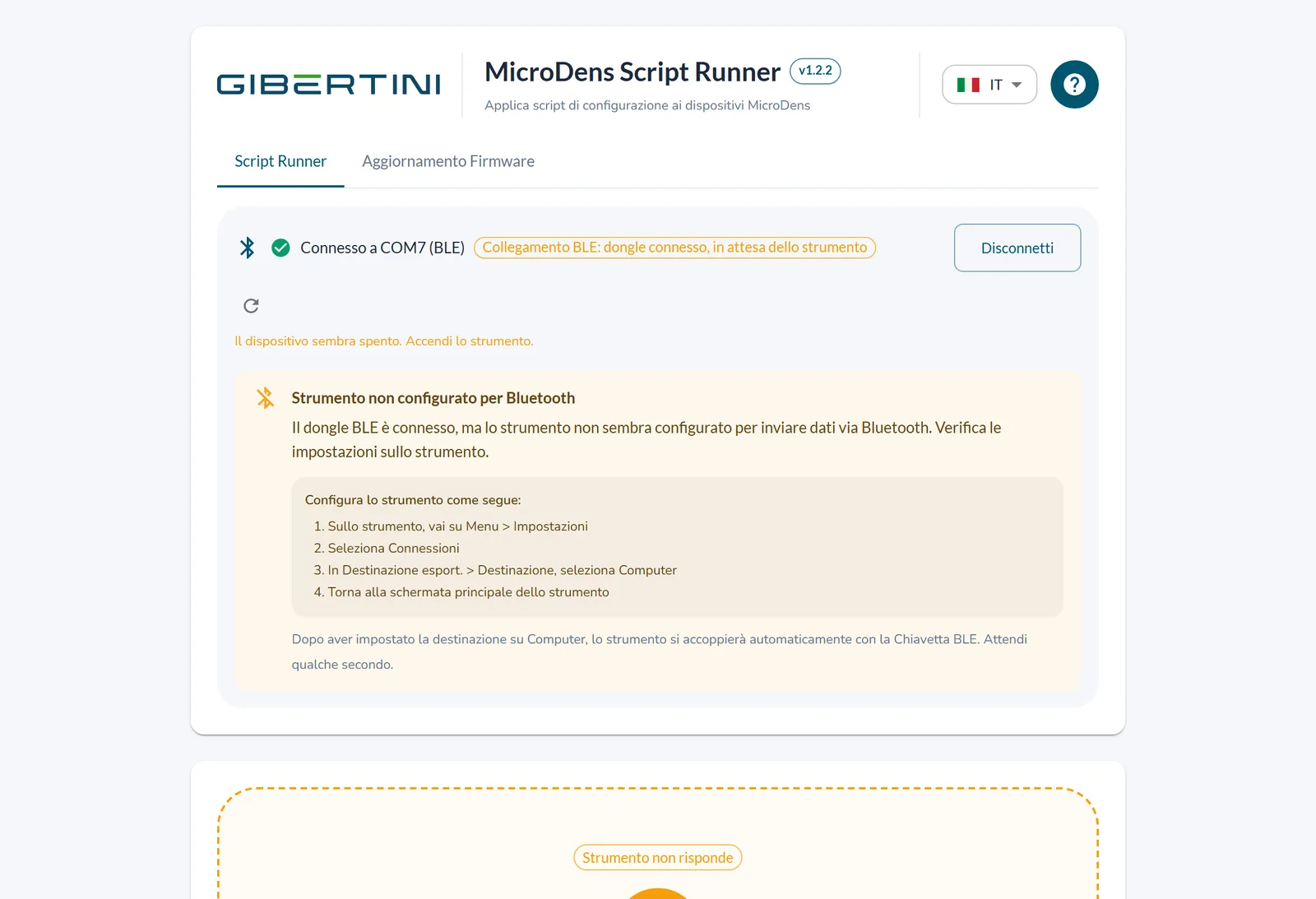 Avviso Strumento non configurato per Bluetooth con le istruzioni