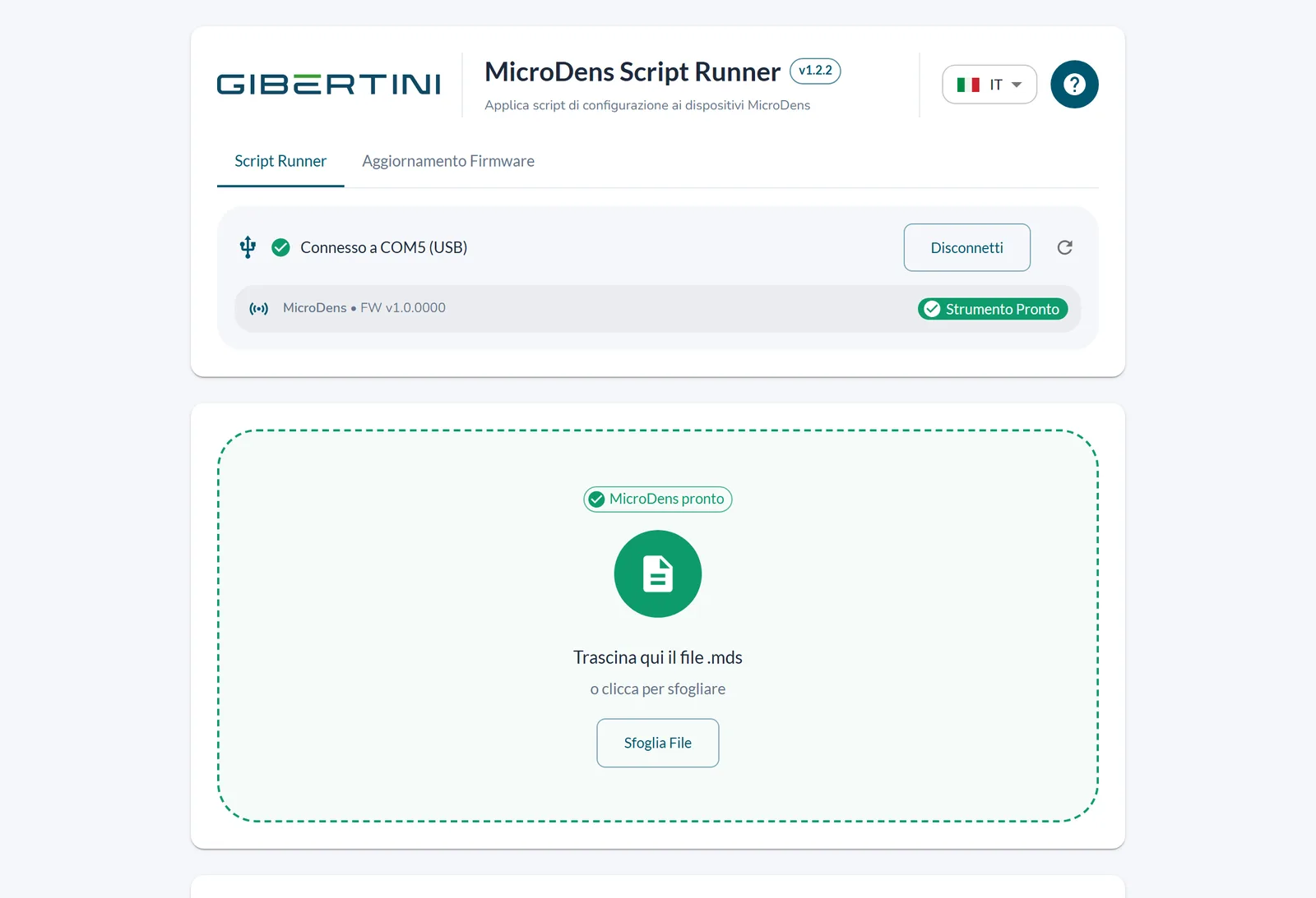 MicroDens collegato a COM5 via USB, Strumento Pronto