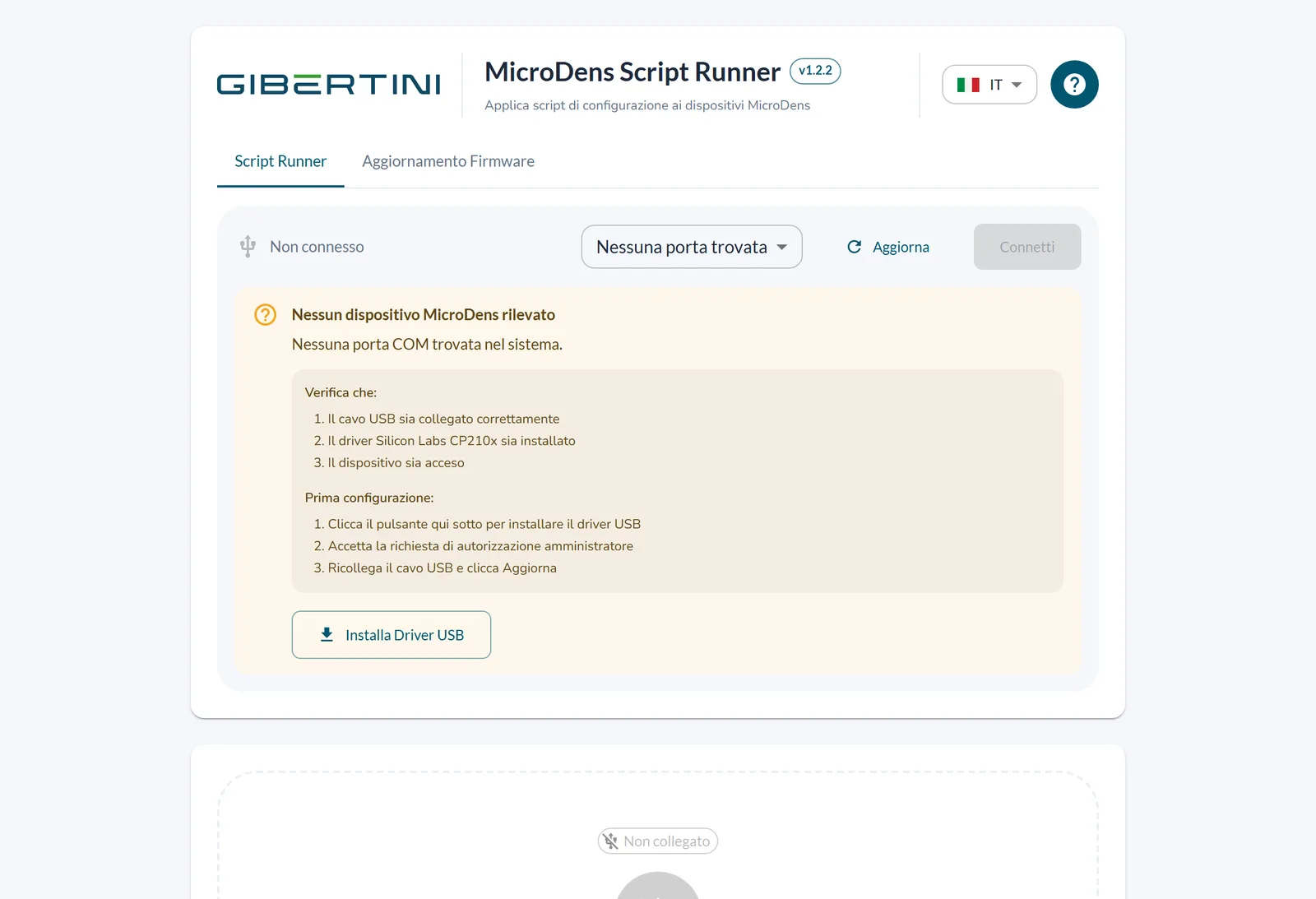 Nessun dispositivo MicroDens rilevato, con Installa Driver USB
