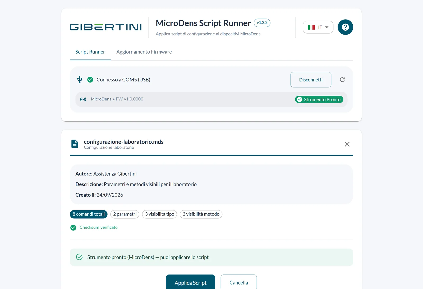 Riepilogo dello script caricato: autore, descrizione, numero di comandi, Checksum verificato